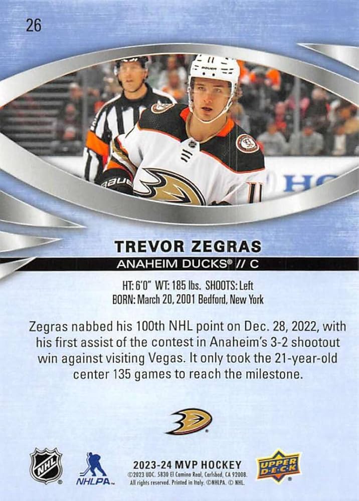 Amazon.com: 2023-24 Upper Deck MVP #26 Trevor Zegras Anaheim
